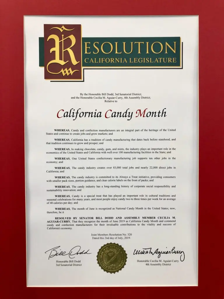 The California Legislature Issued A Resolution Recognizing The Economic And Cultural Contributions Of The Confectionery Industry At The Conclusion Of National Candy Month.