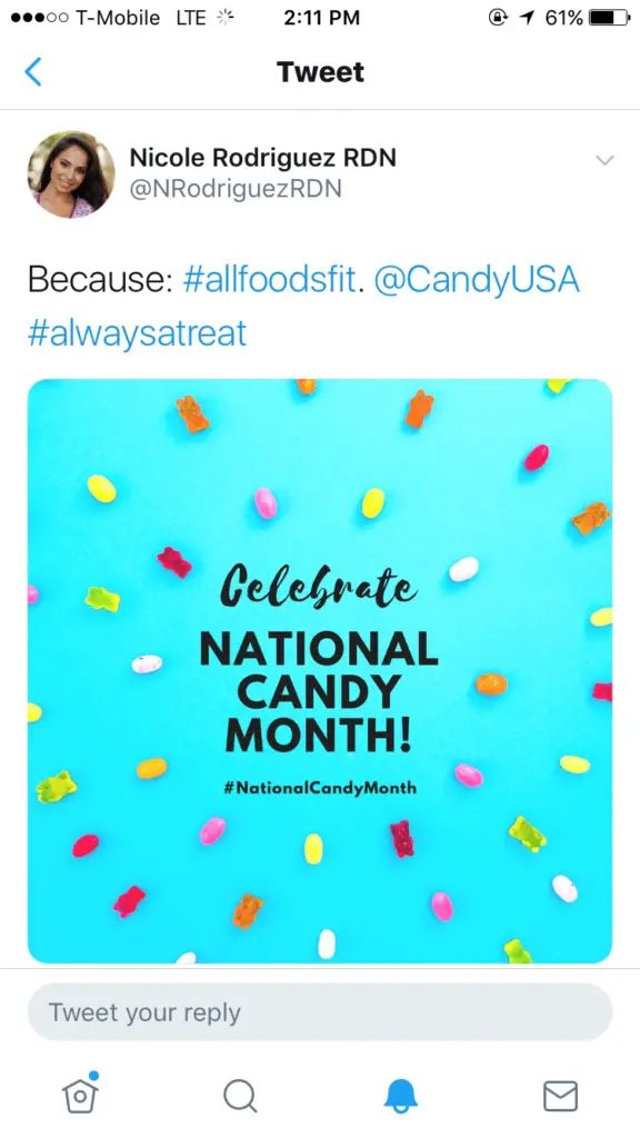 Nicole Rodriguez, RDN, Informed Her Followers About National Candy Month By Sharing This Tweet!