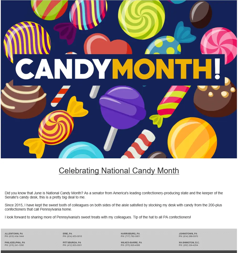 Pennsylvania Senator Pat Toomey, The “Keeper Of The Candy Desk”, Celebrated National Candy Month In June.